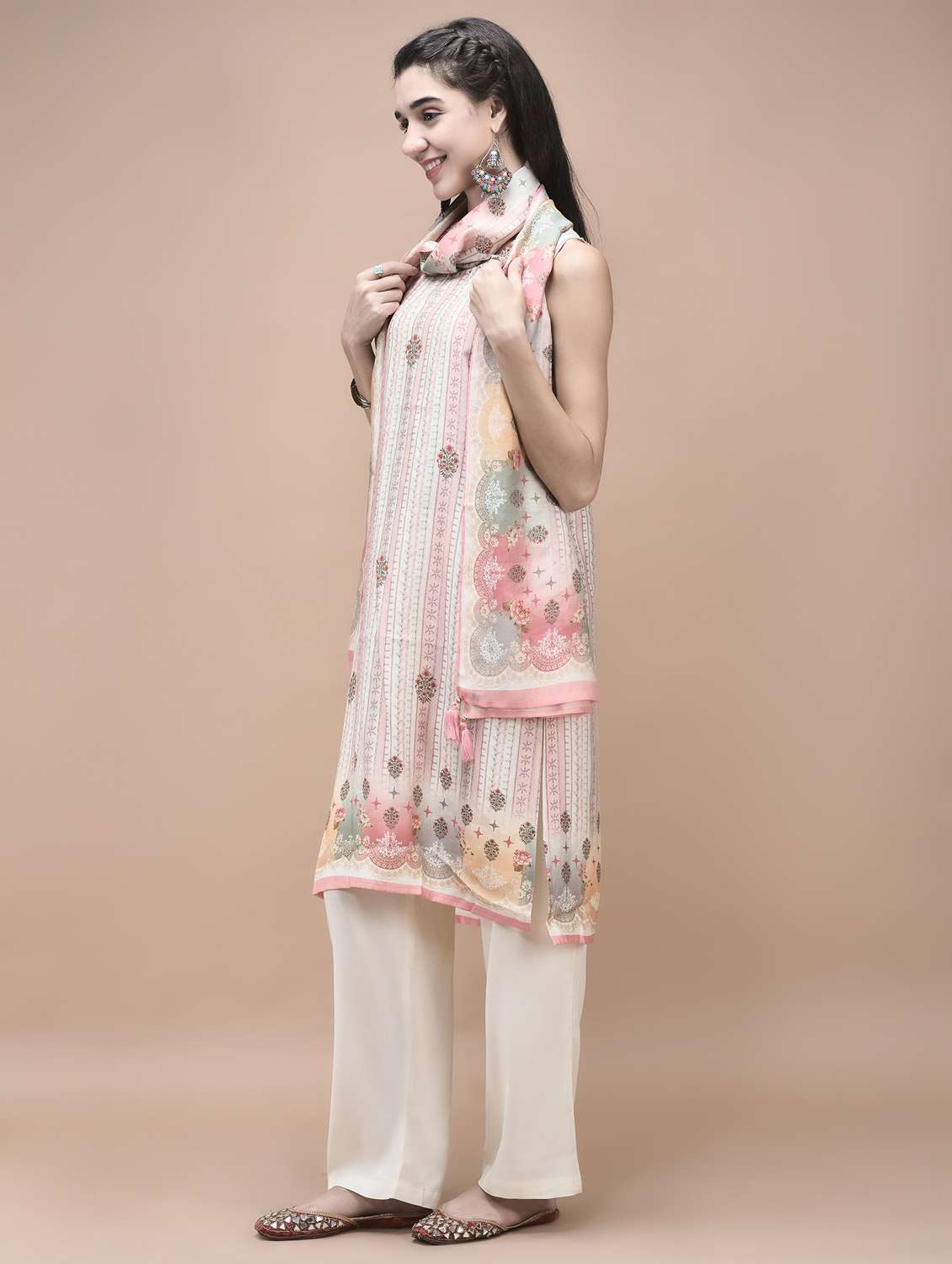 women printed sleeveless kurta palazzo with dupatta set - 21959528 -  Standard Image - 1