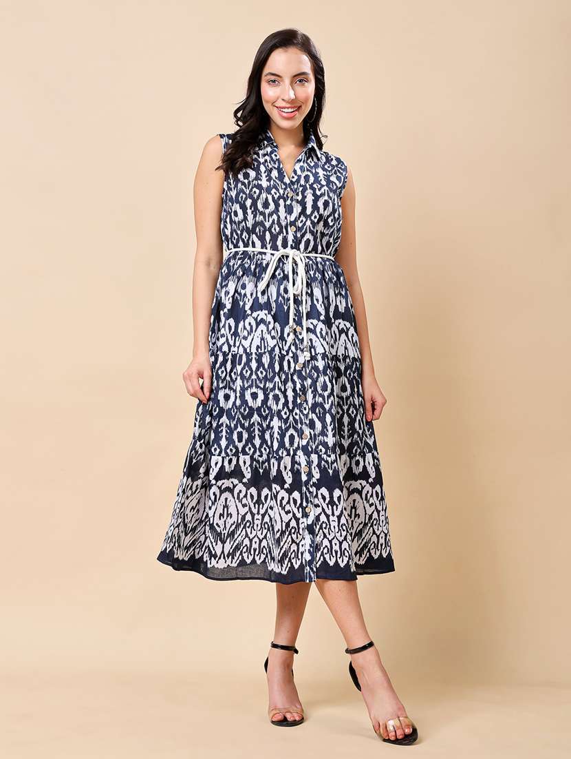 women ikat printed sleeveless tiered ethnic dress
