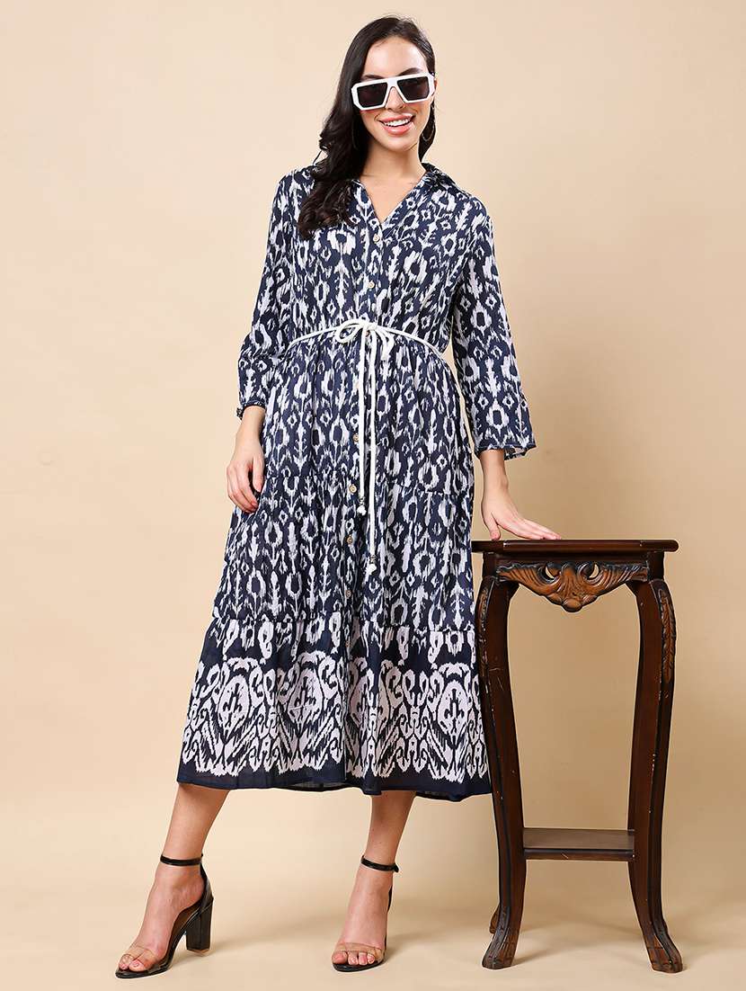 women printed collared tiered dress