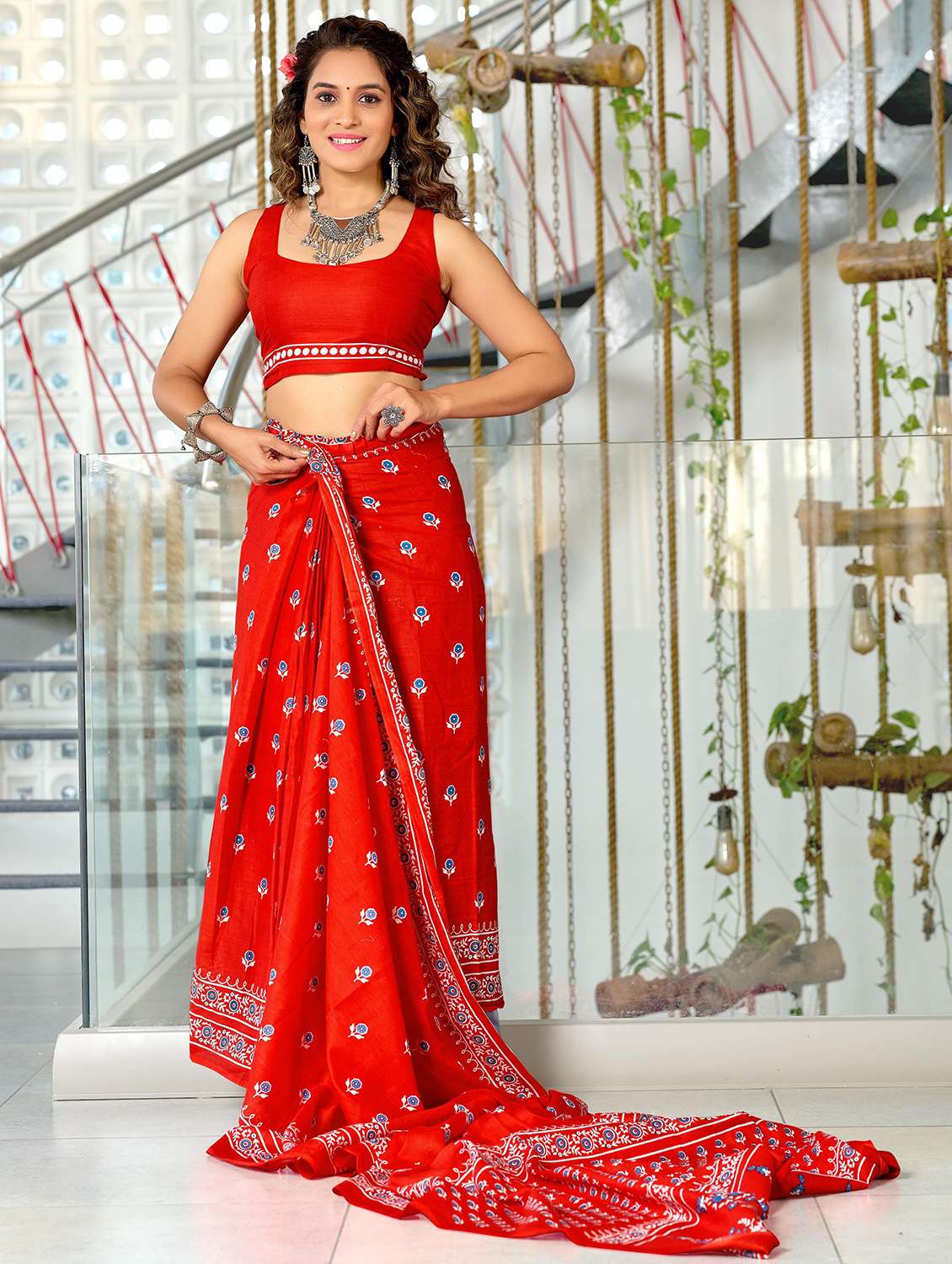 women printed ready to wear saree with blouse - 21960195 - Standard Image - 1
