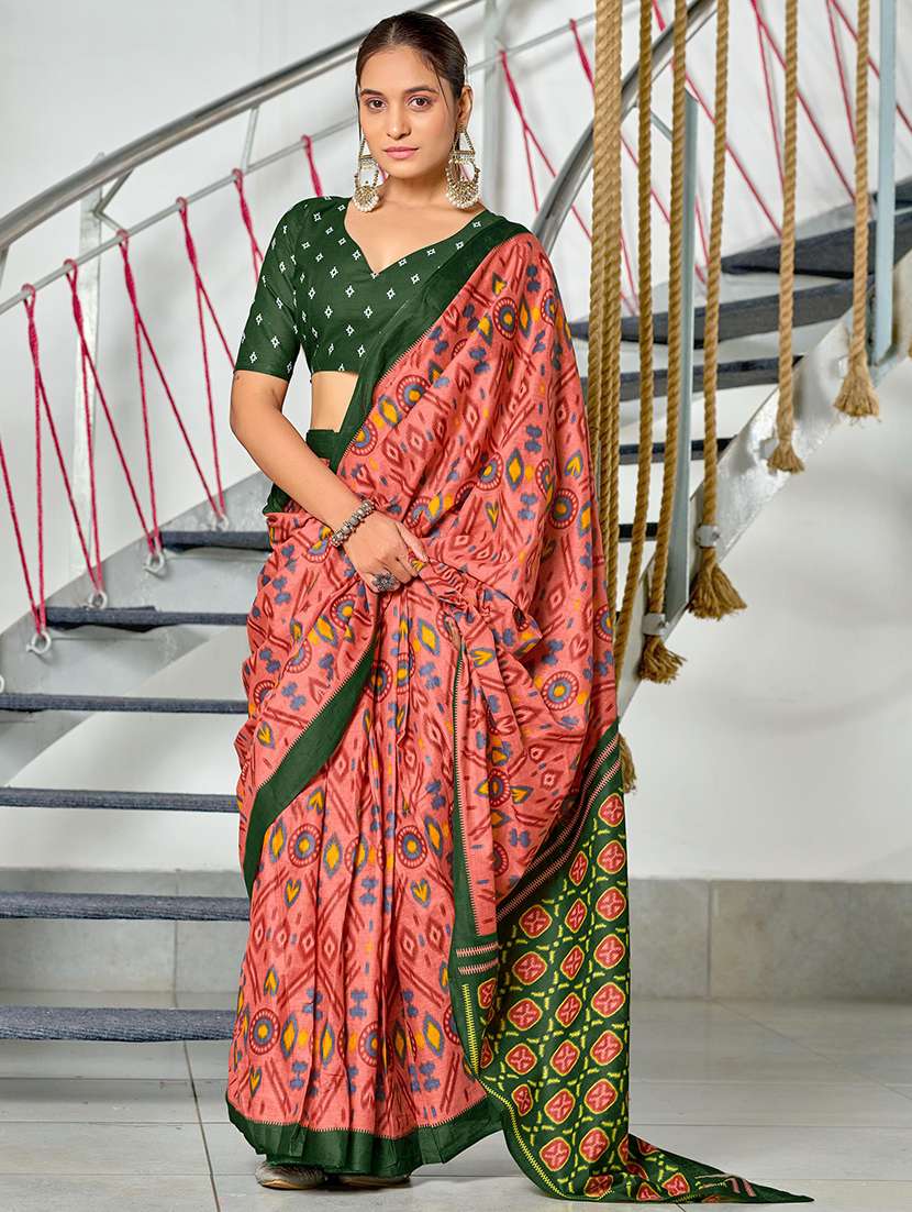 women ikat printed ready to wear saree with blouse