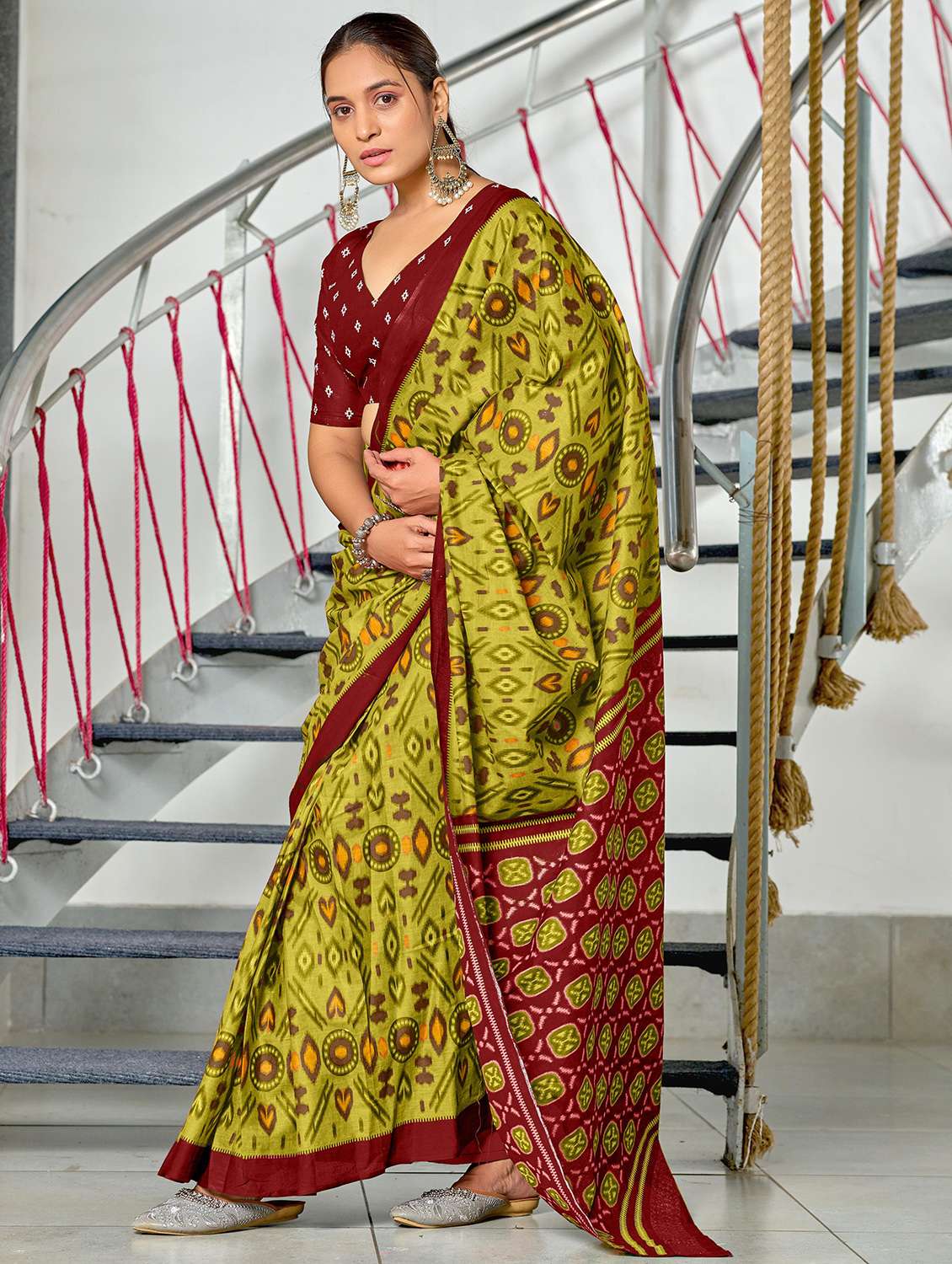 women ikat printed ready to wear saree with blouse - 21960202 -  Standard Image - 1