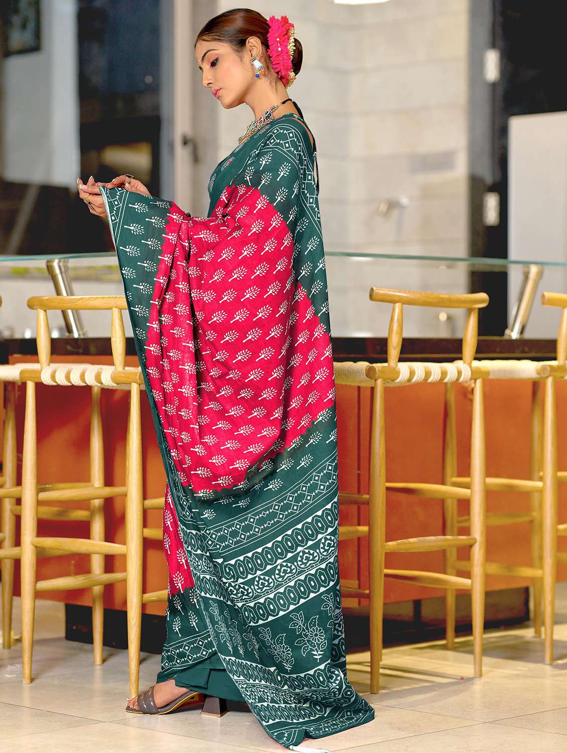 women printed ready to wear saree with blouse - 21960223 -  Standard Image - 1