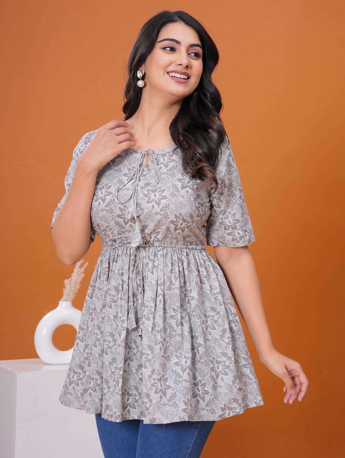 women floral short sleeve peplum tunic