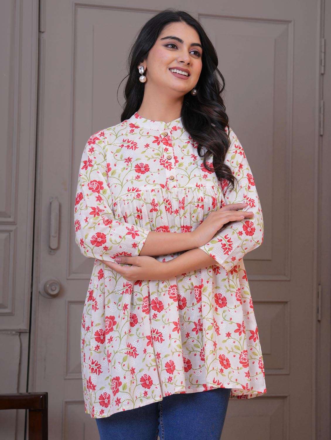 women floral three quarter sleeve peplum tunic - 21960281 -  Zoom Image - 0