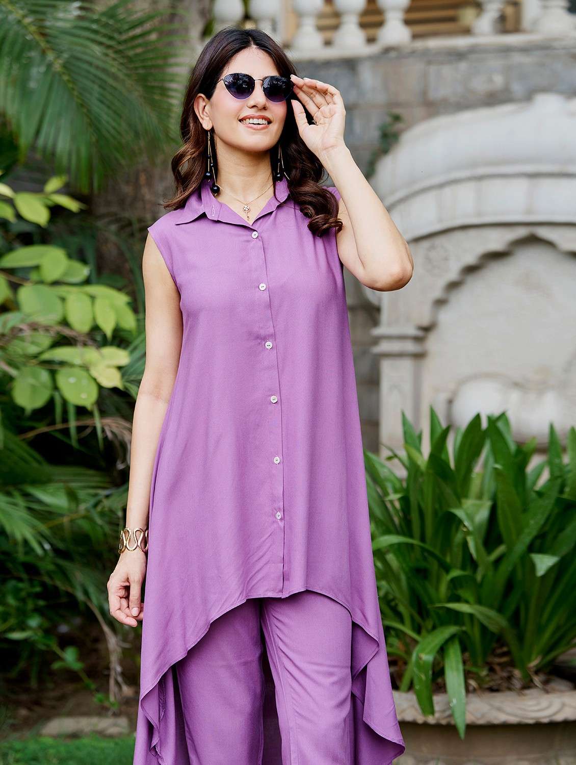 women solid high low shirt and trouser co-ord set - 21960302 - Standard Image - 4