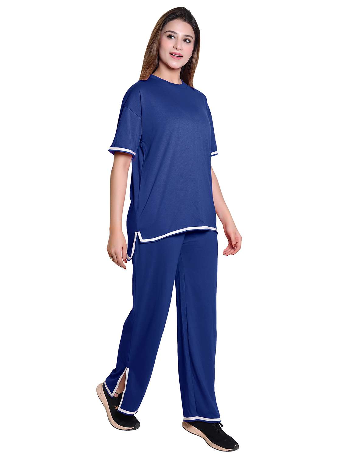 women solid short sleeve t-shirt & trouser co ord set - 21960316 -  Standard Image - 1