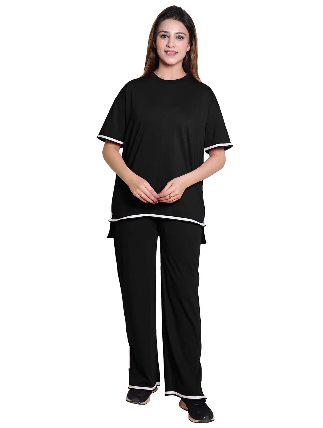 women solid short sleeve t-shirt & trouser co ord set - 21960317 -  Standard Image - 1