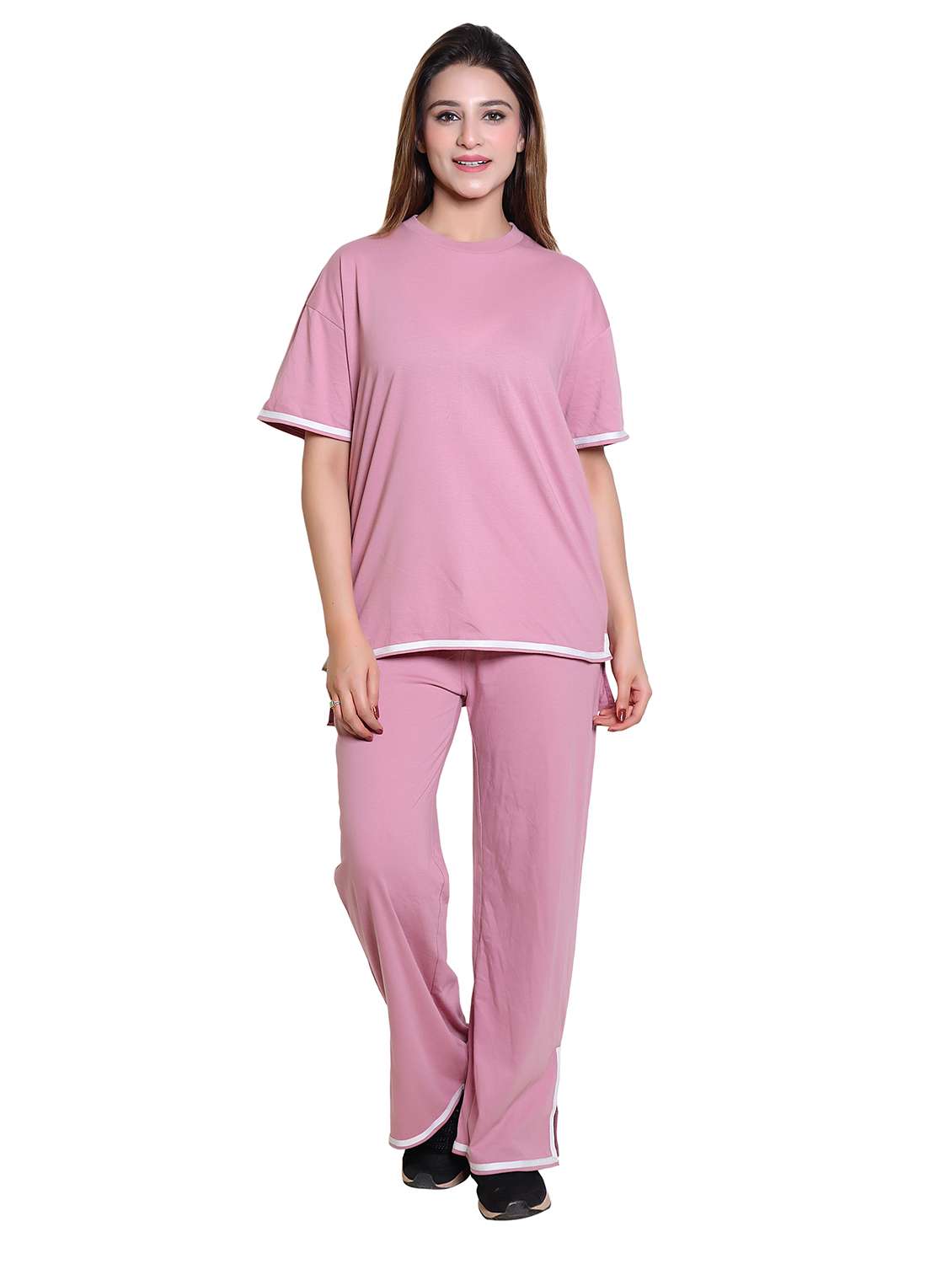 women solid short sleeve t-shirt & trouser co ord set - 21960318 -  Standard Image - 1