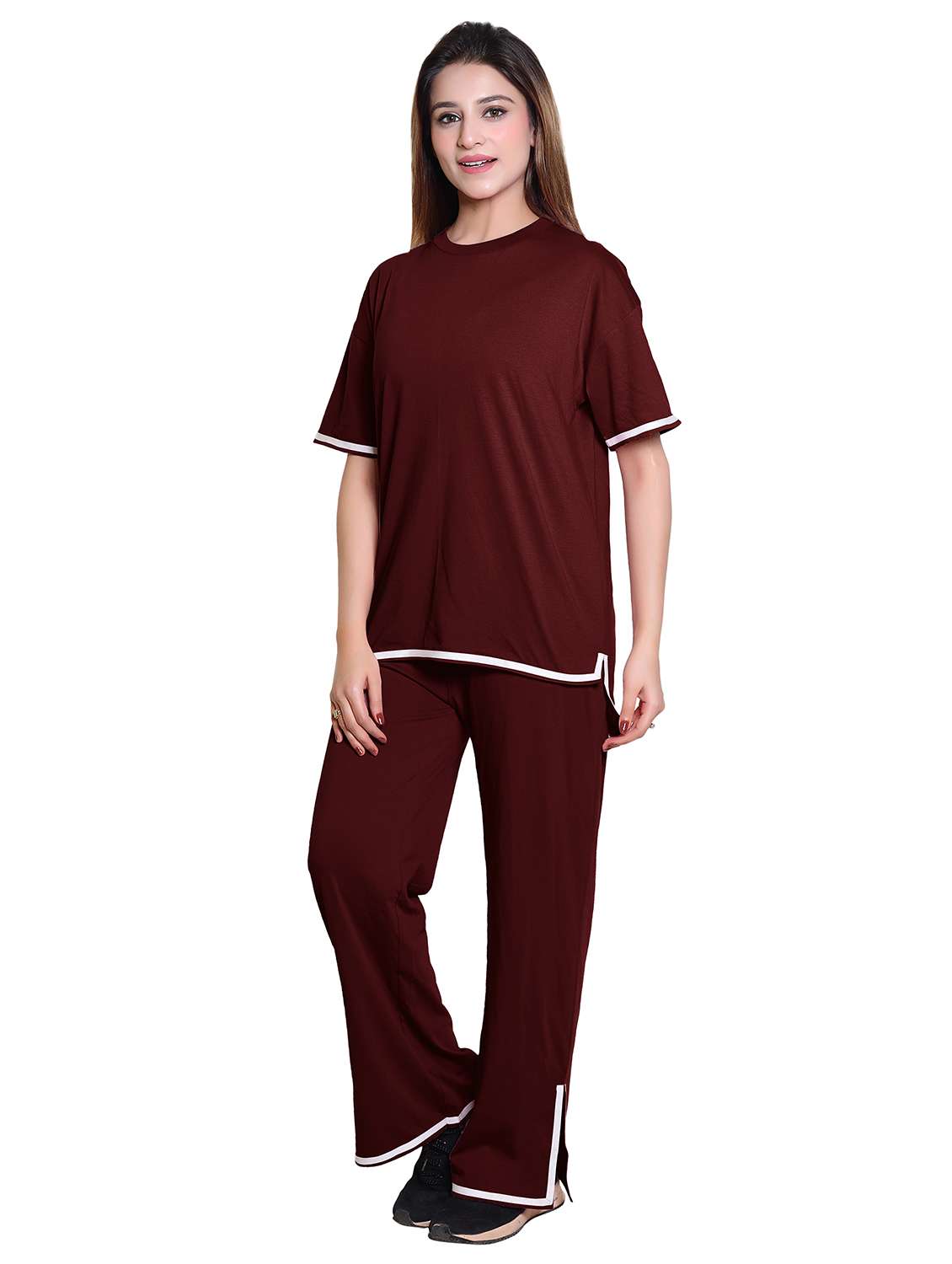 women solid short sleeve t-shirt & trouser co ord set - 21960319 -  Standard Image - 1