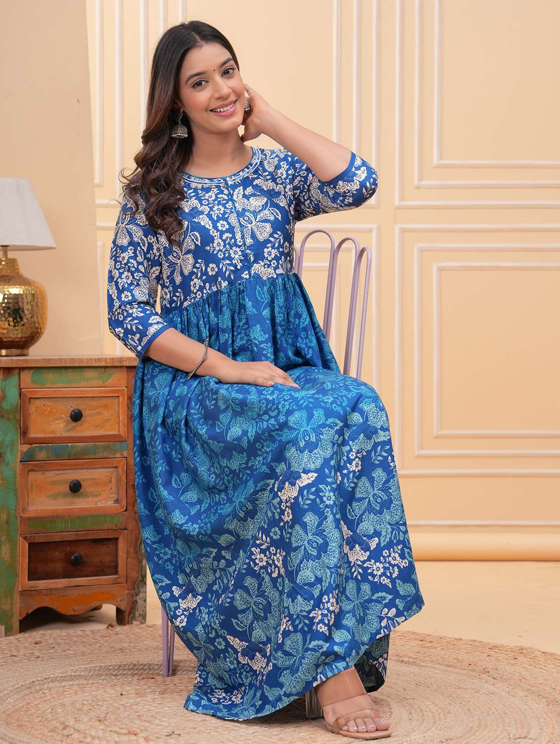 women floral three quarter sleeve ethnic dress - 21960342 -  Standard Image - 1