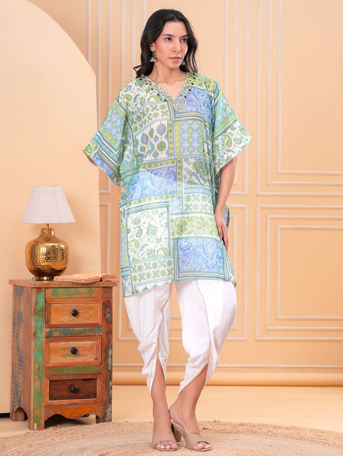 women printed kimono sleeve dhoti kaftan kurta set - 21960360 -  Standard Image - 1