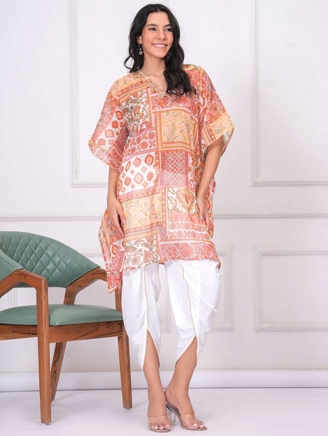women printed kimono sleeve dhoti kaftan kurta set - 21960361 -  Standard Image - 1