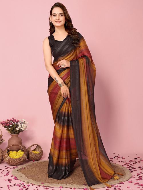 women striped ready to wear saree with blouse - 21960373 -  Standard Image - 0