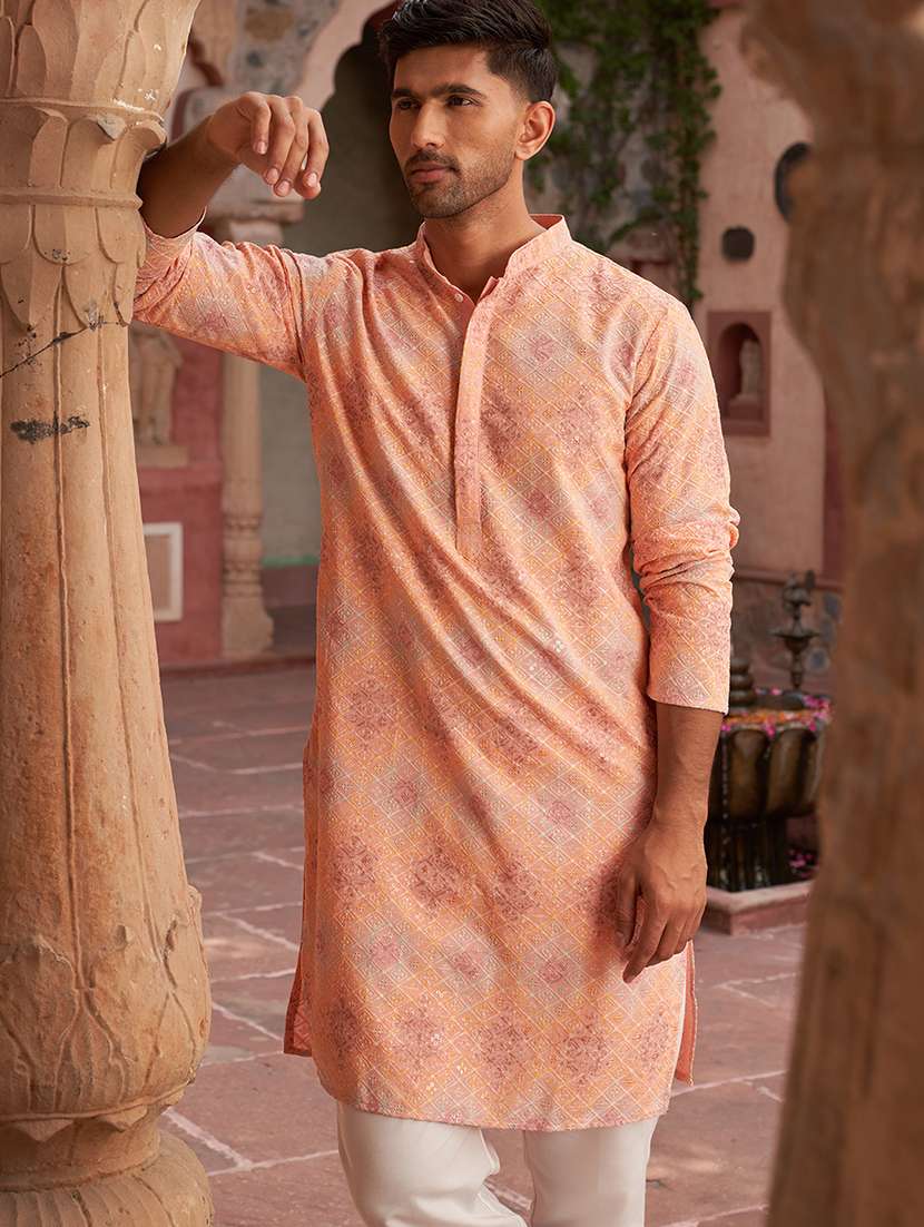 men peach embroidered kurta and pyjama set  - 21960384 -  Standard Image - 1
