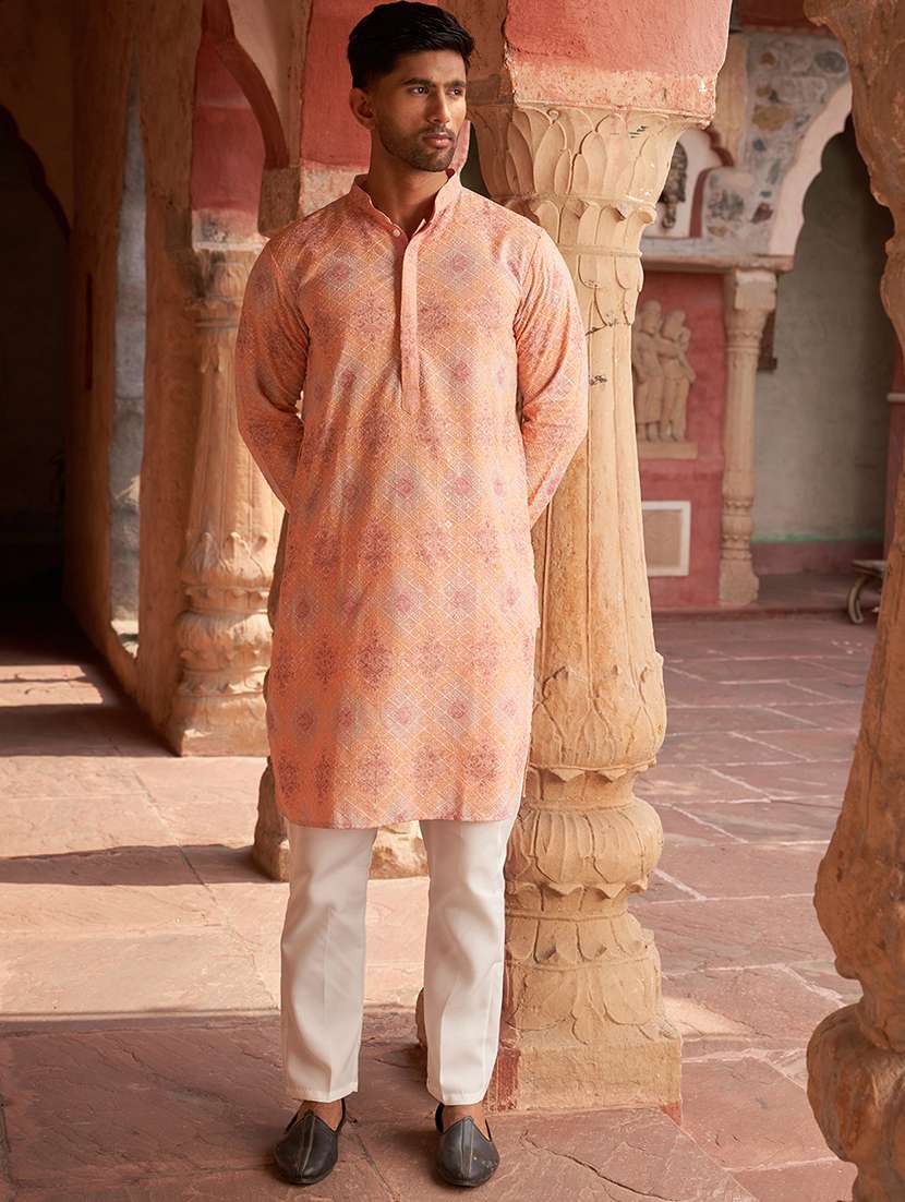 men peach embroidered kurta and pyjama set  - 21960384 -  Standard Image - 4