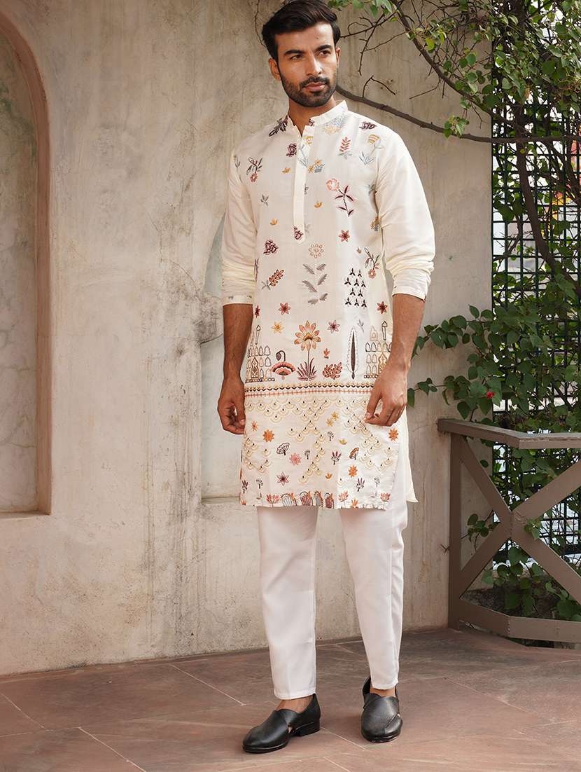 men off white embroidered kurta and pyjama set  - 21960385 -  Standard Image - 1