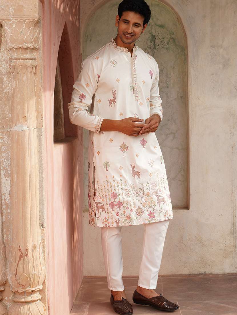men white embroidered kurta and pyjama set  - 21960387 -  Standard Image - 1