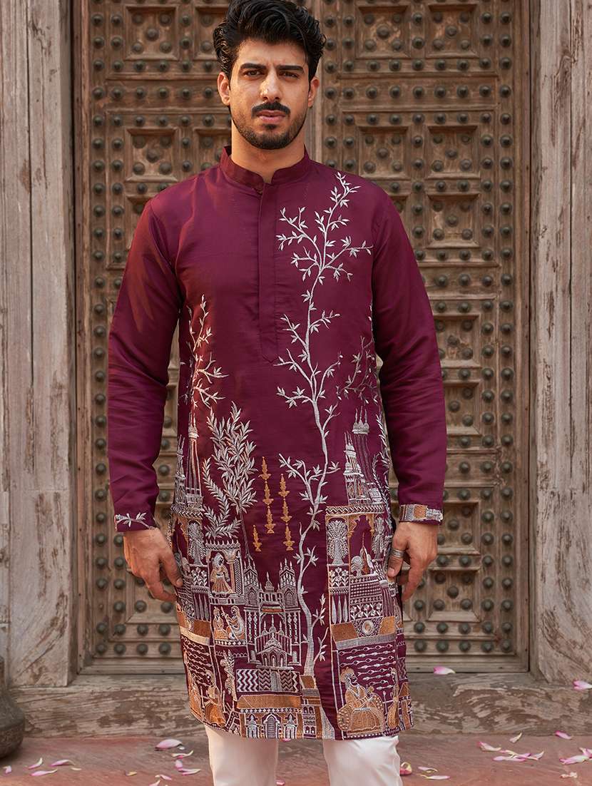 men purple embroidered kurta and pyjama set 
