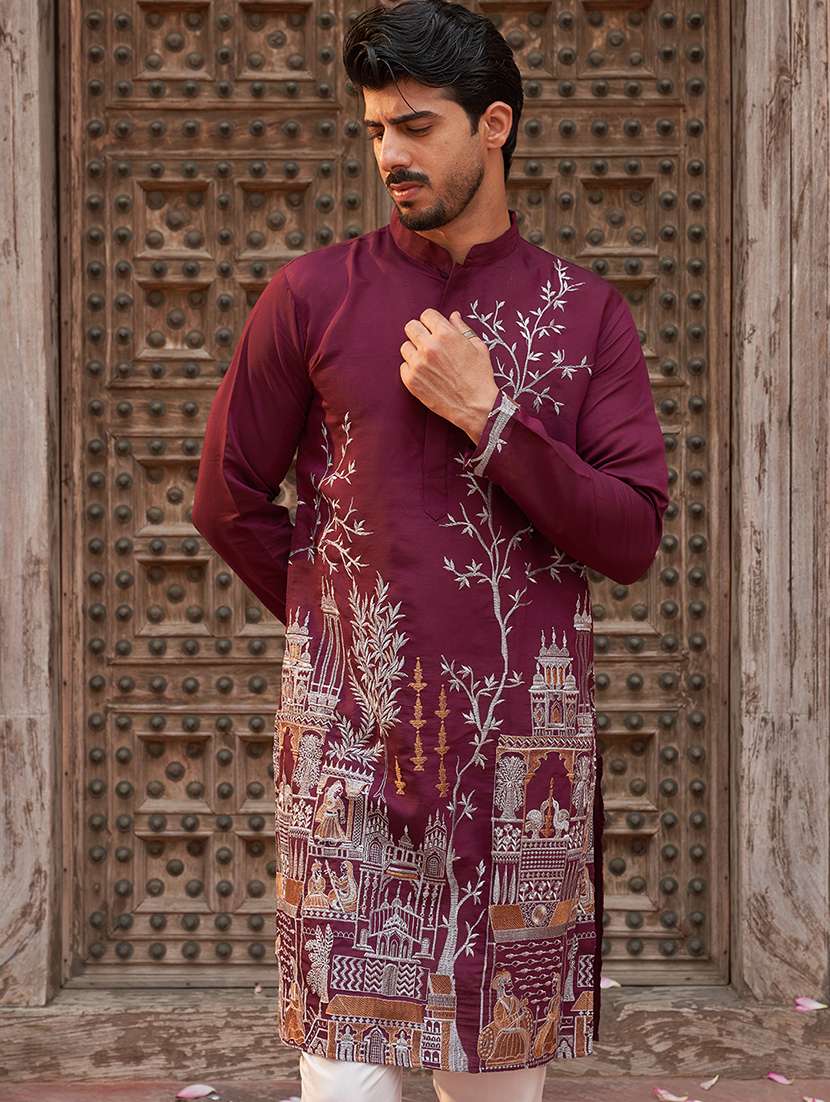 men purple embroidered kurta and pyjama set  - 21960389 -  Standard Image - 1