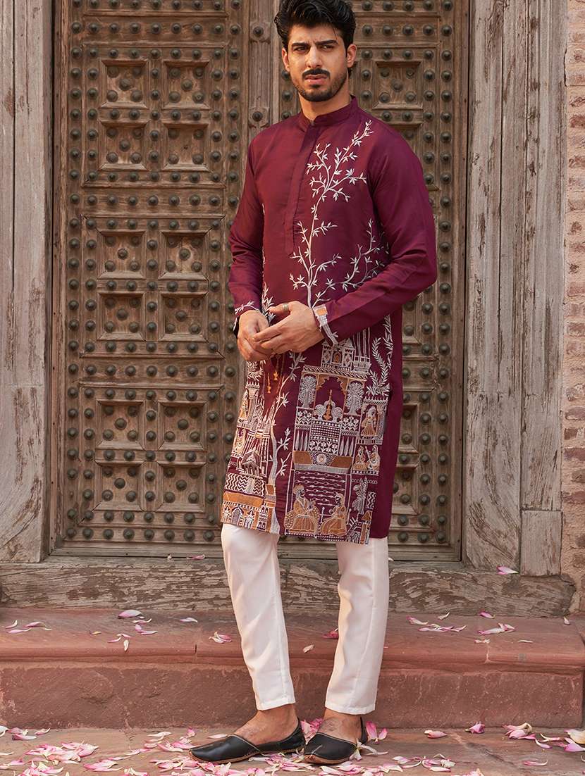 men purple embroidered kurta and pyjama set  - 21960389 -  Standard Image - 4