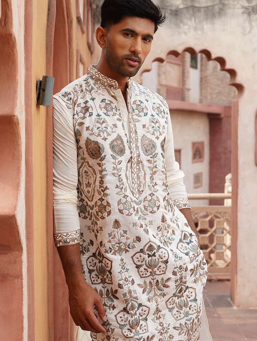 men white embroidered kurta and pyjama set  - 21960391 -  Standard Image - 1
