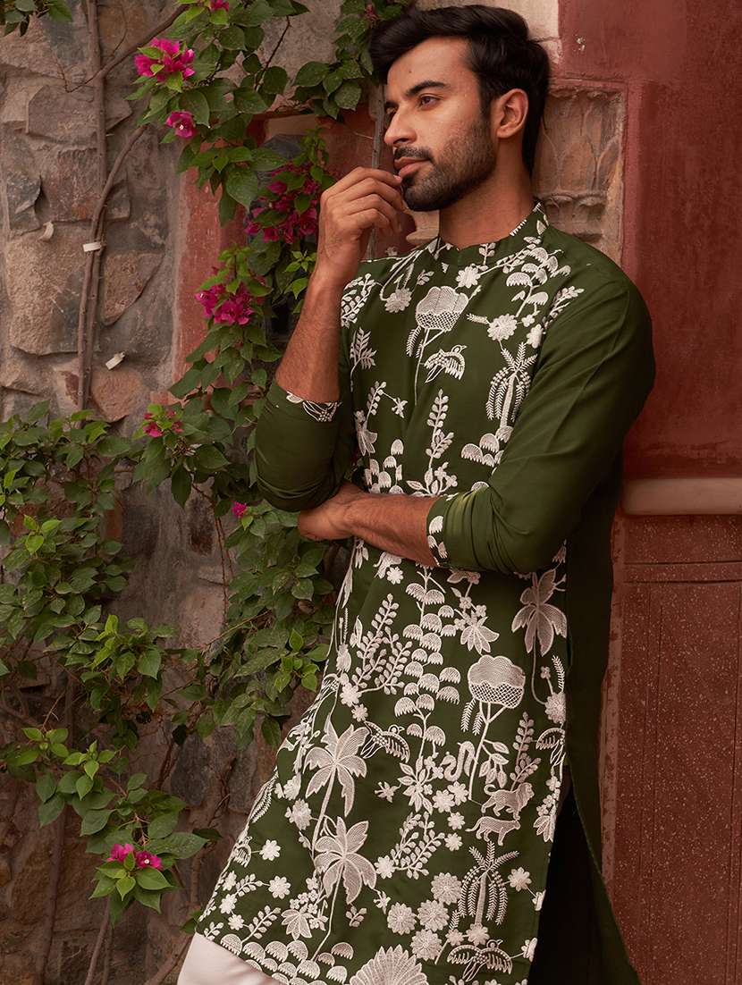 men olive embroidered kurta and pyjama set  - 21960392 -  Standard Image - 1