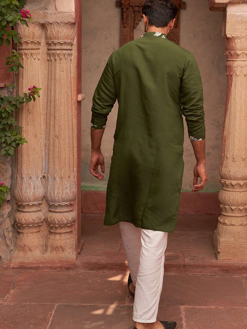 men olive embroidered kurta and pyjama set  - 21960392 -  Standard Image - 4