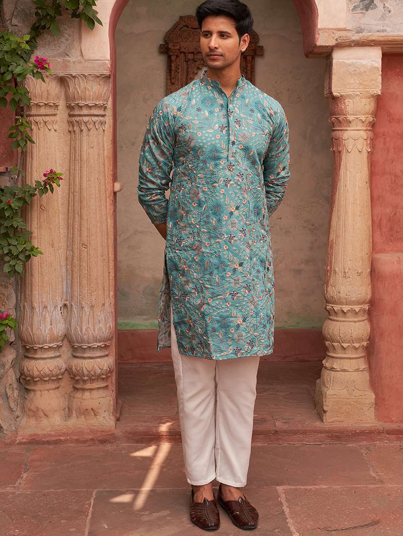 men ligh blue embroidered kurta and pyjama set  - 21960397 -  Standard Image - 1