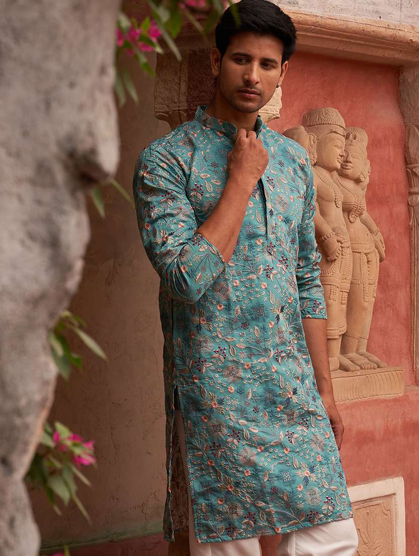 men ligh blue embroidered kurta and pyjama set  - 21960397 -  Standard Image - 4