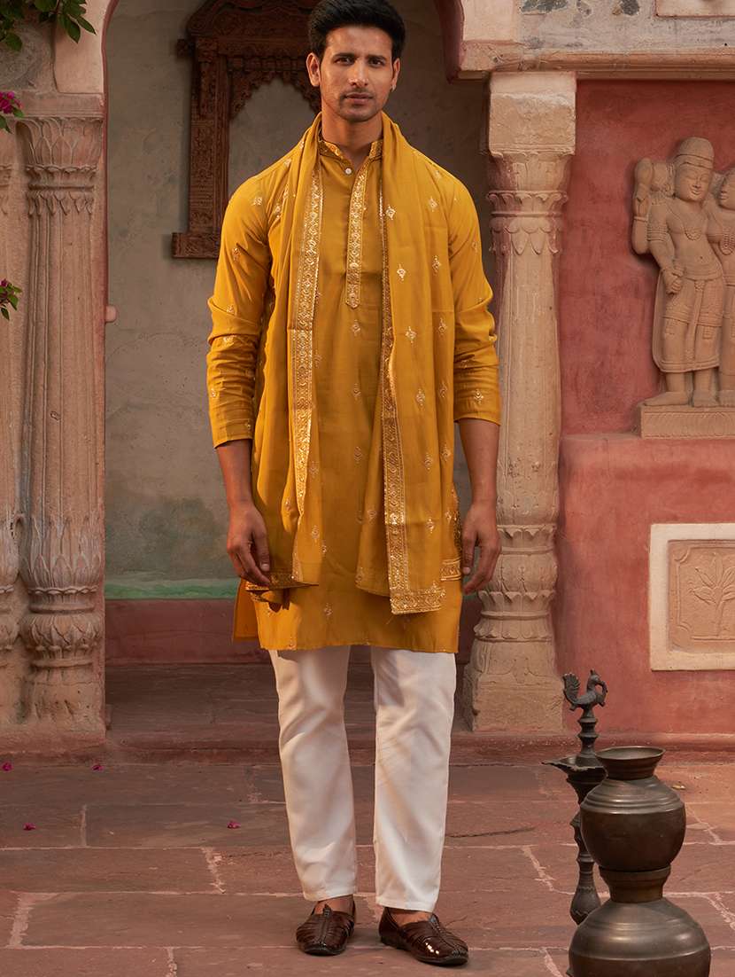 men mustard embroidered kurta and pyjama with dupatta  - 21960398 -  Standard Image - 1
