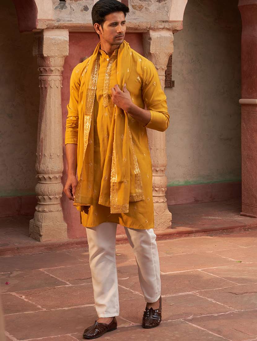 men mustard embroidered kurta and pyjama with dupatta  - 21960398 -  Standard Image - 4