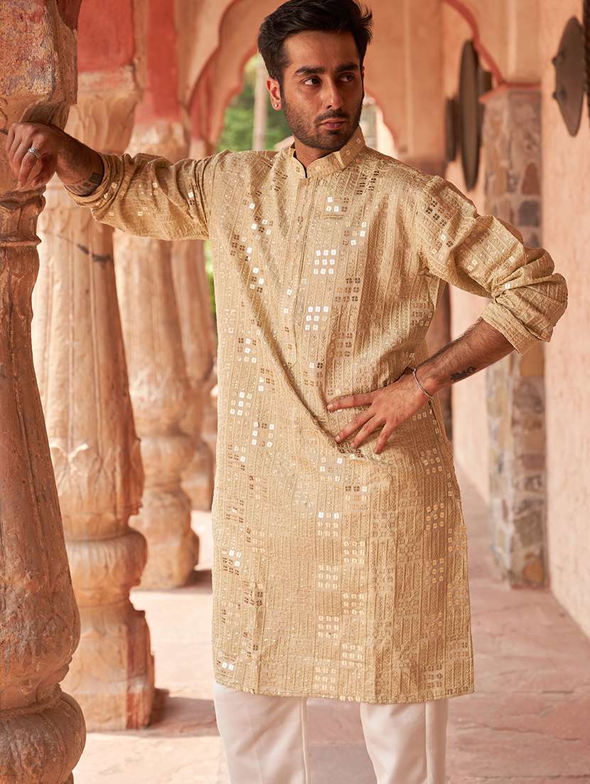 men beige embellished kurta and pyjama set  - 21960399 -  Standard Image - 1