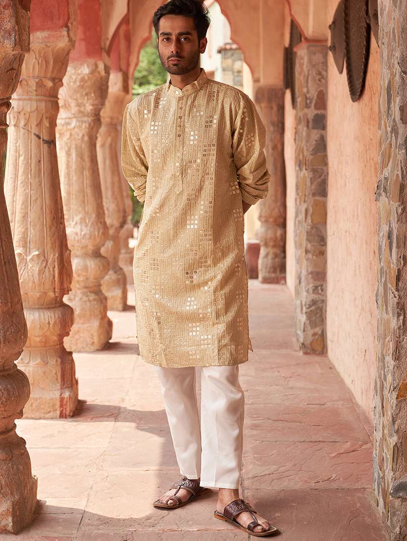 men beige embellished kurta and pyjama set  - 21960399 -  Standard Image - 4