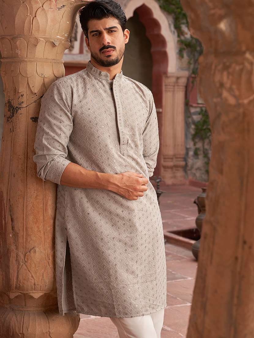 men grey embroidered kurta and pyjama set  - 21960400 -  Standard Image - 1