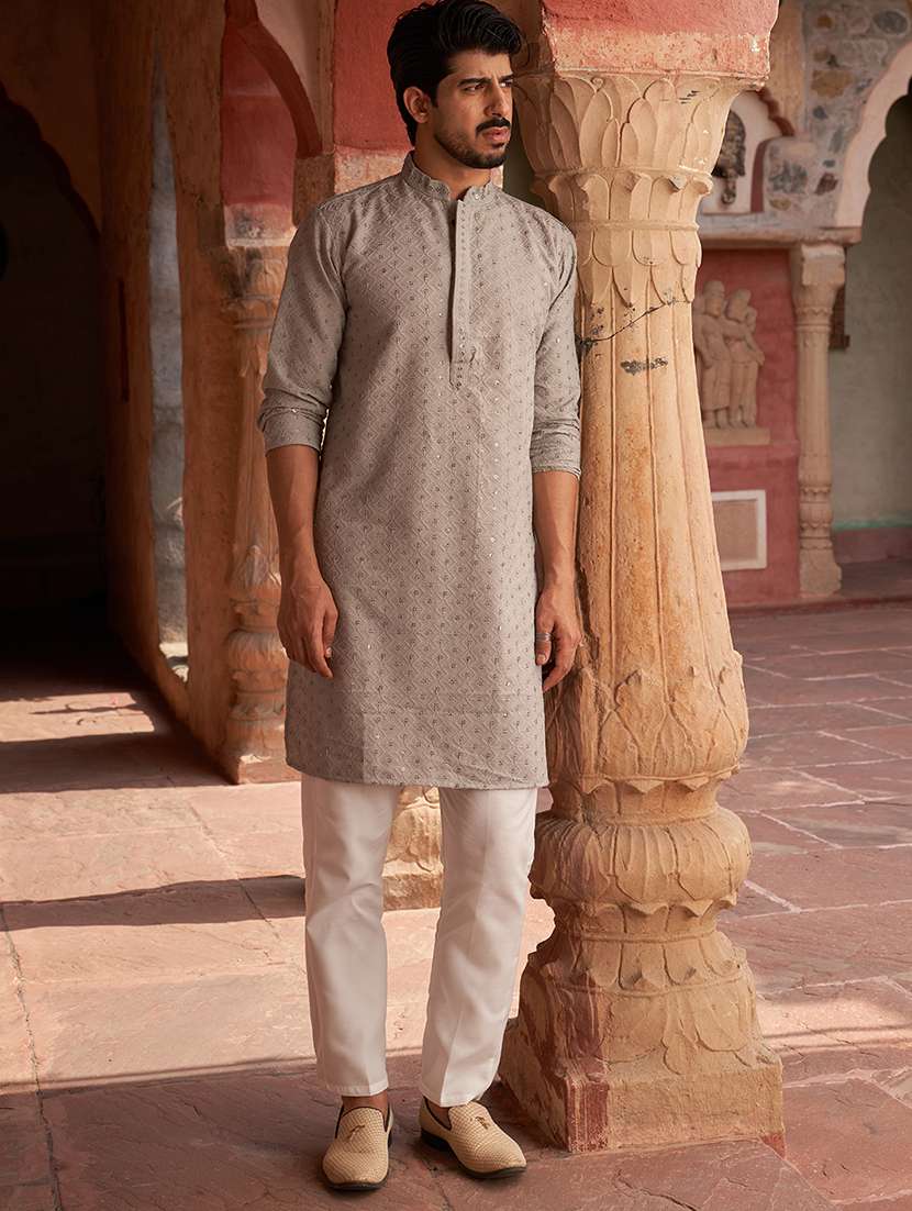 men grey embroidered kurta and pyjama set  - 21960400 -  Standard Image - 4