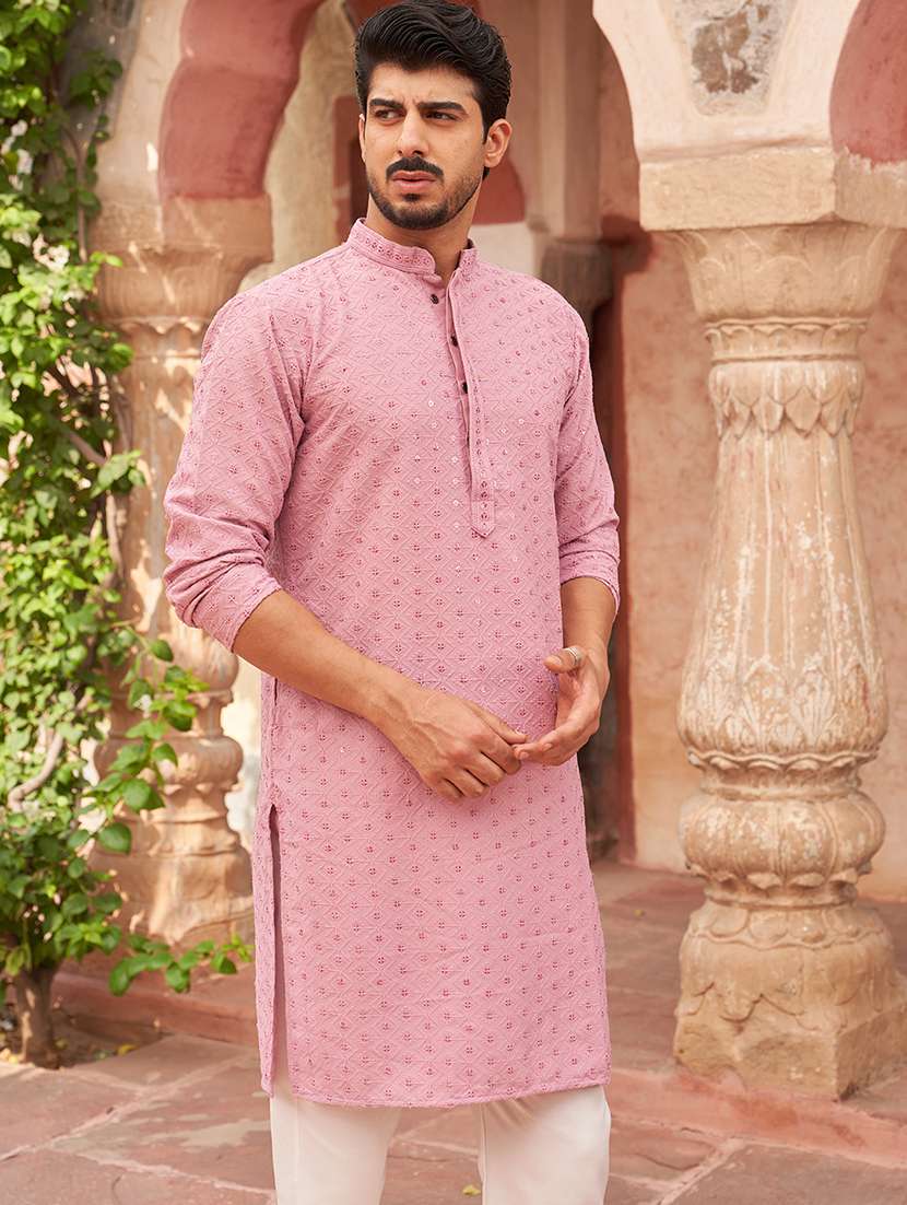 men pink embroidered kurta and pyjama set  - 21960401 -  Standard Image - 1