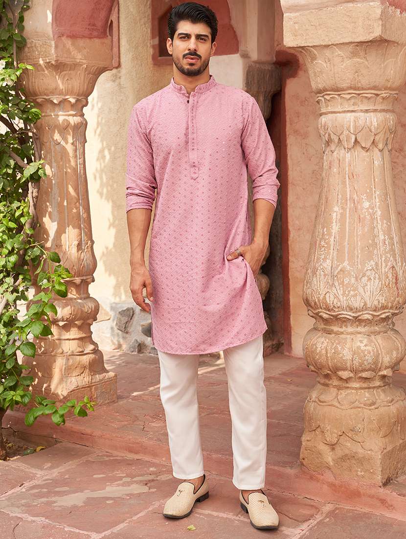 men pink embroidered kurta and pyjama set  - 21960401 -  Standard Image - 4