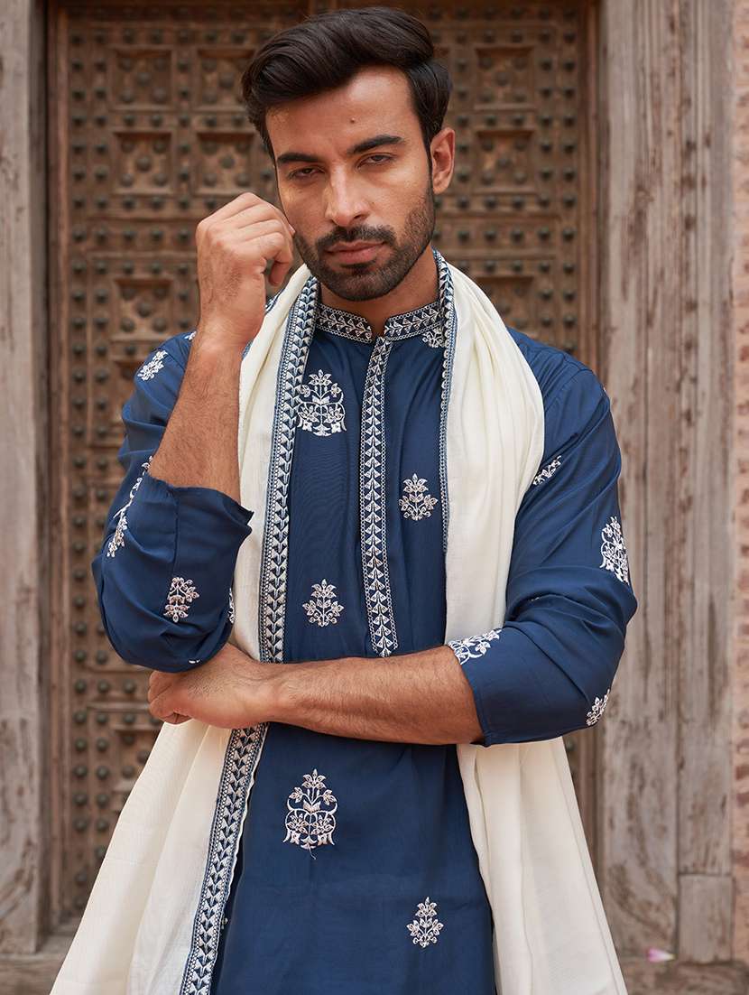men teal embroidered kurta and pyjama with dupatta  - 21960402 -  Standard Image - 1