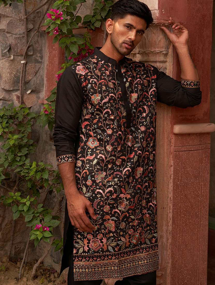 men black embroidered kurta and pyjama set  - 21960404 -  Standard Image - 1