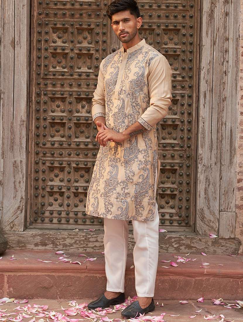 men beige embroidered kurta and pyjama set  - 21960405 -  Standard Image - 1