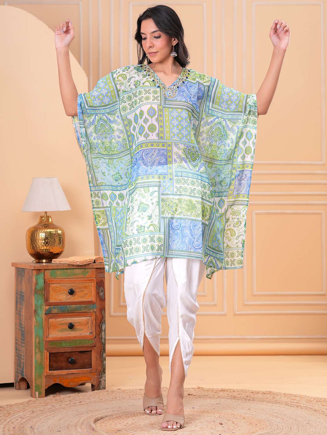 women printed kimono sleeve dhoti kaftan kurta set - 21960406 -  Standard Image - 1
