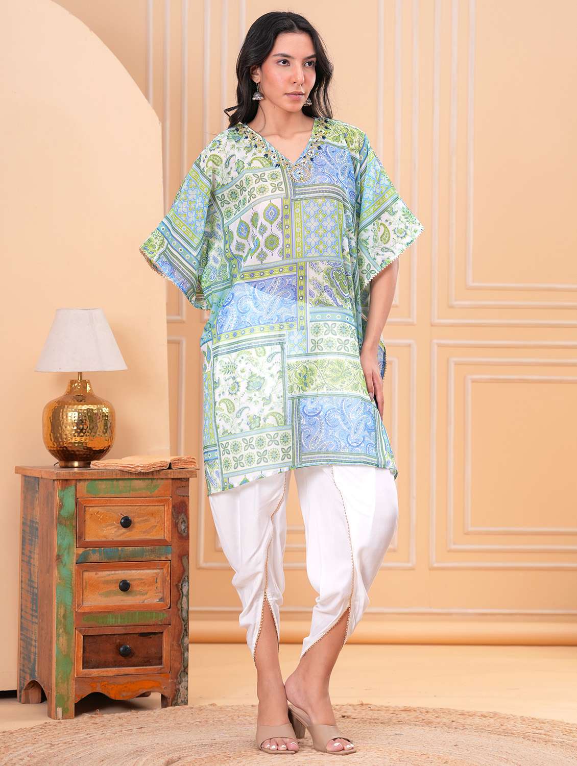 women printed kimono sleeve dhoti kaftan kurta set - 21960406 - Standard Image - 4
