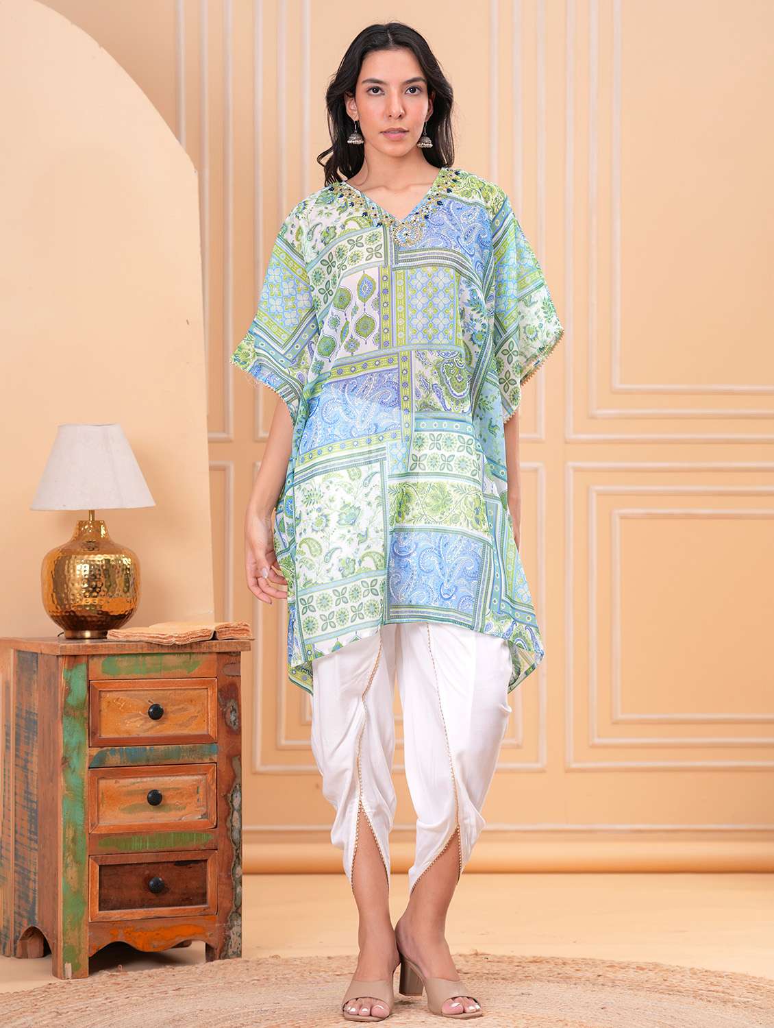 women printed kimono sleeve dhoti kaftan kurta set - 21960421 -  Standard Image - 1