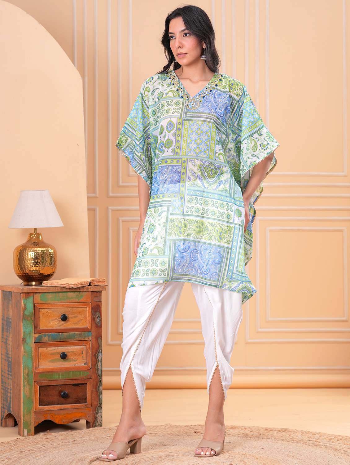 women printed kimono sleeve dhoti kaftan kurta set - 21960421 - Standard Image - 4
