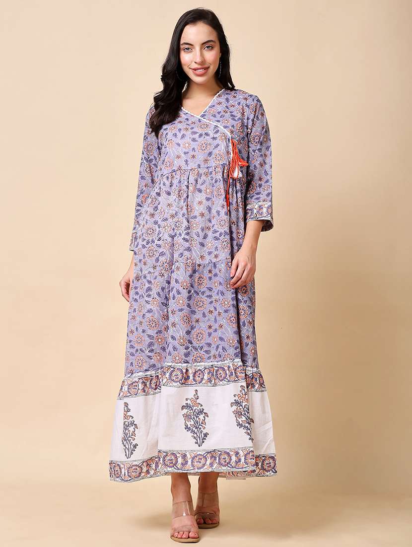 Women Floral Print Three Quarter Sleeve Tiered Dress