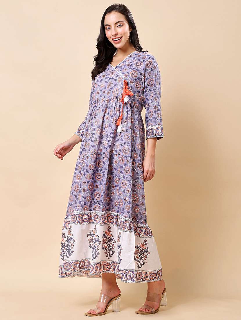 Women Floral Print Three Quarter Sleeve Tiered Dress