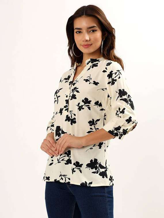 women off white printed three quater sleeve ethnic top - 21960504 -  Standard Image - 1