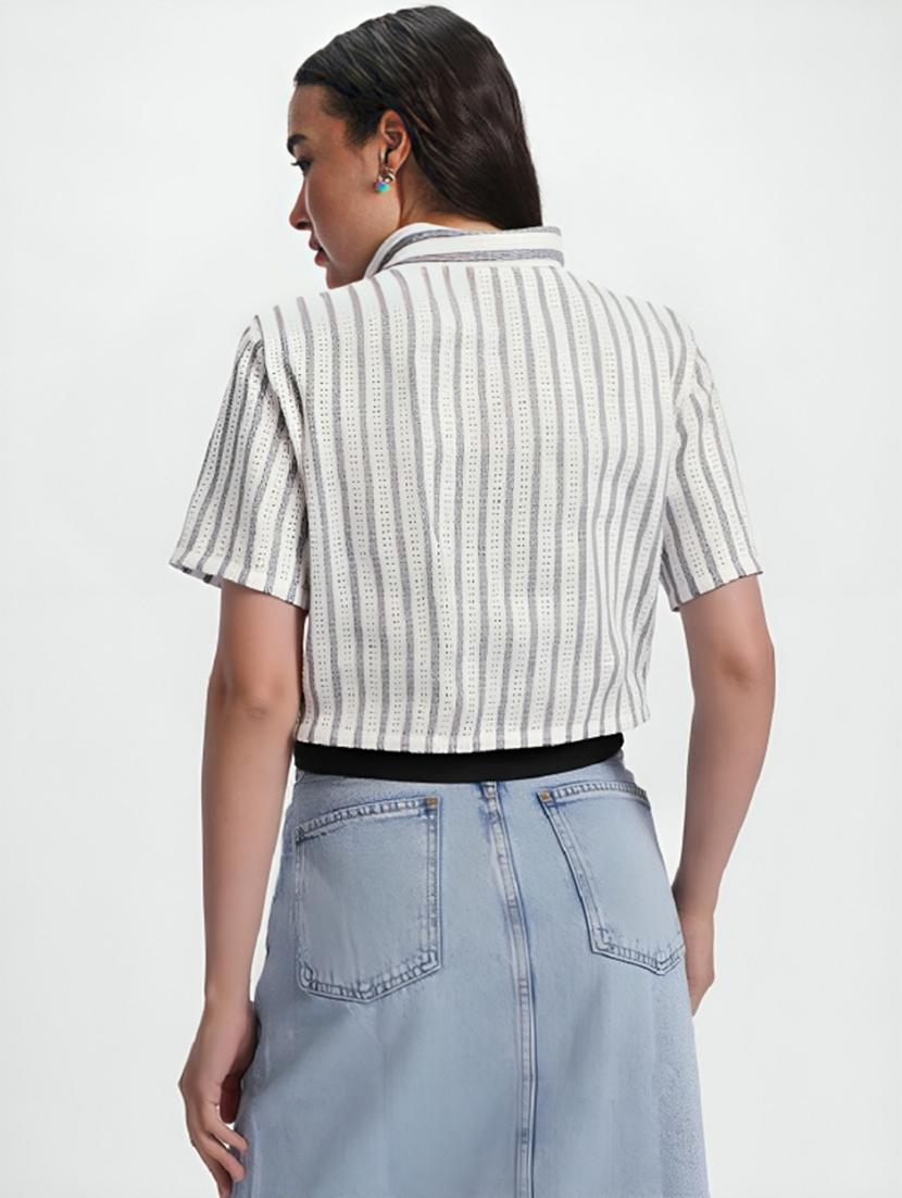 women striped collared short sleeve crop shirt - 21960549 -  Standard Image - 1