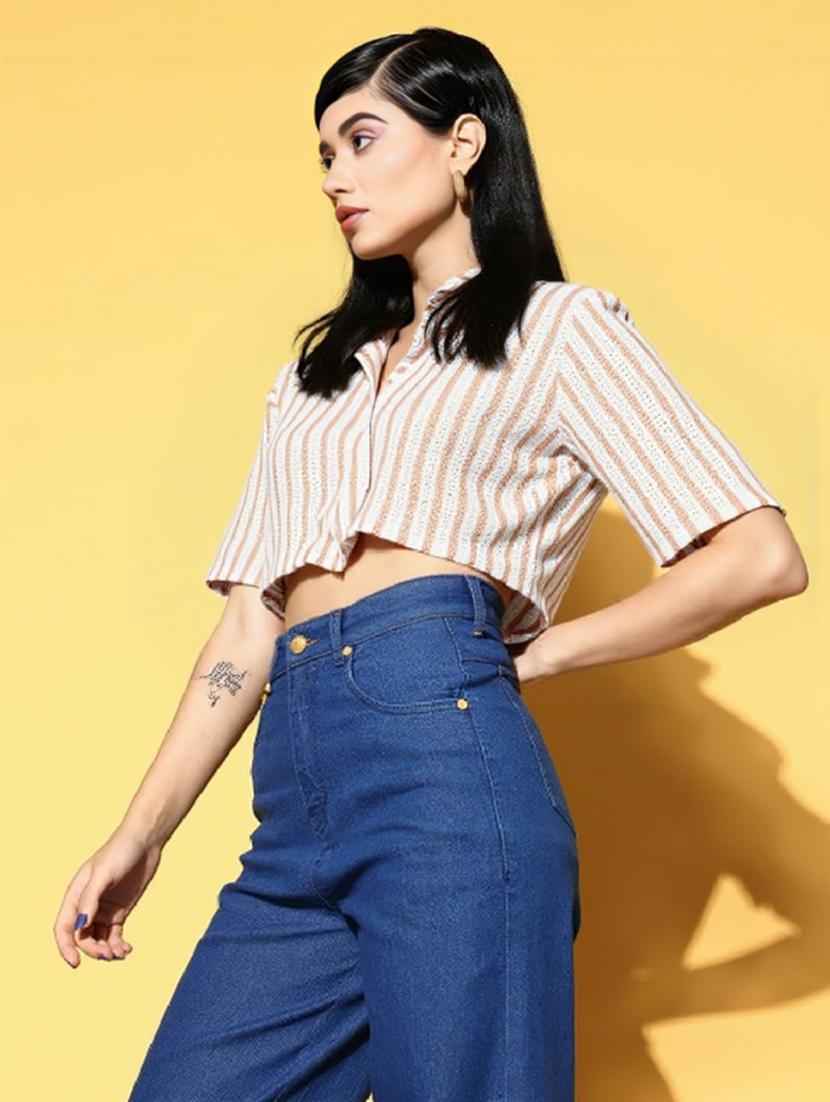 women striped collared short sleeve crop shirt - 21960550 -  Standard Image - 1